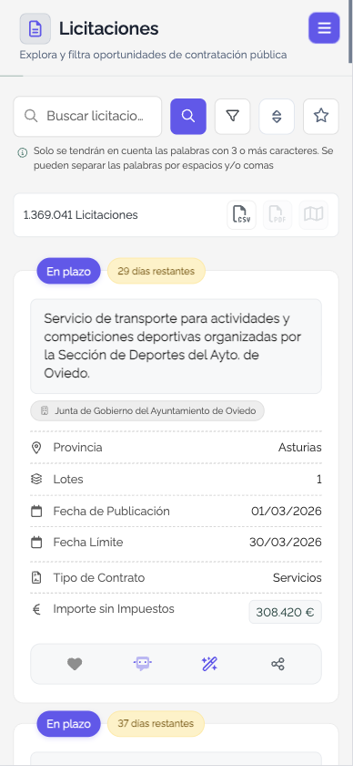Vista previa app móvil Licitaciones365
